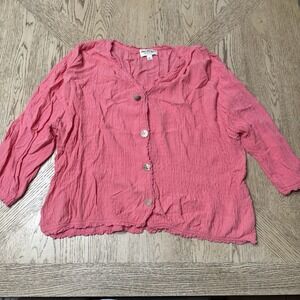Vintage Norm Thompson Large Pink Button Front V-neck Textured Blouse VTG